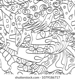 Tracery seamless pattern. Mehndi design. Ethnic monochrome binary doodle texture. Curved doodling black and white background. Vector