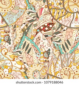 Tracery seamless pattern. Mehndi design. Ethnic colorful doodle texture. Curved doodling background. Vector
