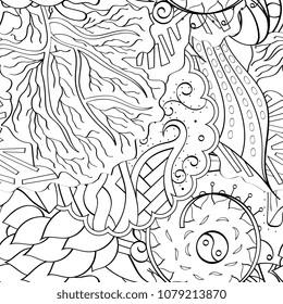 Tracery seamless pattern. Mehndi design. Ethnic monochrome binary doodle texture. Curved doodling black and white background. Vector