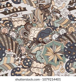 Tracery seamless pattern. Mehndi design. Ethnic colorful doodle texture. Curved doodling background. Vector