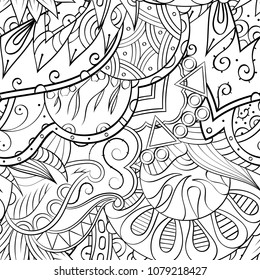 Tracery seamless pattern. Mehndi design. Ethnic monochrome binary doodle texture. Curved doodling black and white background. Vector