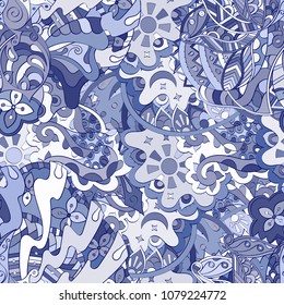 Tracery seamless pattern. Mehndi design. Ethnic colorful doodle texture. Curved doodling background. Vector