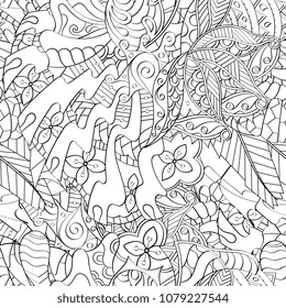 Tracery seamless pattern. Mehndi design. Ethnic monochrome binary doodle texture. Curved doodling black and white background. Vector