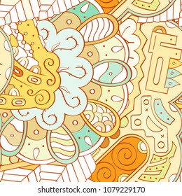 Tracery seamless pattern. Mehndi design. Ethnic colorful doodle texture. Curved doodling background. Vector
