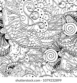 Tracery seamless pattern. Mehndi design. Ethnic monochrome binary doodle texture. Curved doodling black and white background. Vector