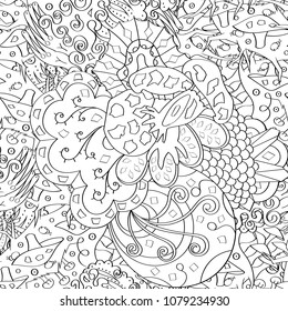 Tracery seamless pattern. Mehndi design. Ethnic monochrome binary doodle texture. Curved doodling black and white background. Vector