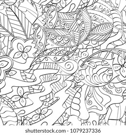 Tracery seamless pattern. Mehndi design. Ethnic monochrome binary doodle texture. Curved doodling black and white background. Vector