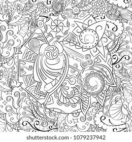 Tracery seamless pattern. Mehndi design. Ethnic monochrome binary doodle texture. Curved doodling black and white background. Vector