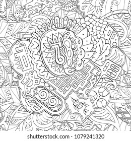 Tracery seamless pattern. Mehndi design. Ethnic monochrome binary doodle texture. Curved doodling black and white background. Vector