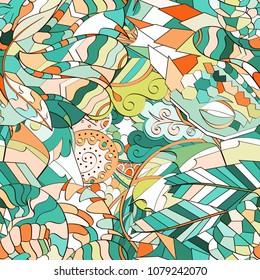 Tracery seamless pattern. Mehndi design. Ethnic colorful doodle texture. Curved doodling background. Vector