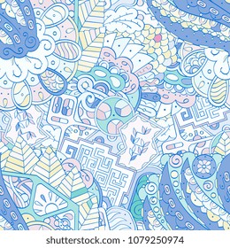 Tracery seamless pattern. Mehndi design. Ethnic colorful doodle texture. Curved doodling background. Vector