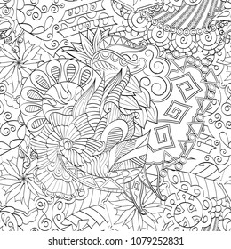 Tracery seamless pattern. Mehndi design. Ethnic monochrome binary doodle texture. Curved doodling black and white background. Vector