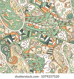Tracery seamless pattern. Mehndi design. Ethnic colorful doodle texture. Curved doodling background. Vector