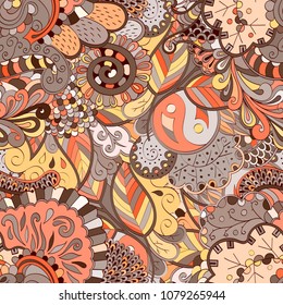 Tracery seamless pattern. Mehndi design. Ethnic colorful doodle texture. Curved doodling background. Vector