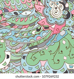 Tracery seamless pattern. Mehndi design. Ethnic colorful doodle texture. Curved doodling background. Vector