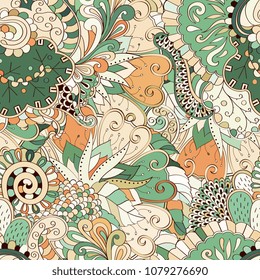 Tracery seamless pattern. Mehndi design. Ethnic colorful doodle texture. Curved doodling background. Vector