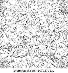 Tracery seamless pattern. Mehndi design. Ethnic monochrome binary doodle texture. Curved doodling black and white background. Vector