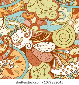 Tracery seamless pattern. Mehndi design. Ethnic colorful doodle texture. Curved doodling background. Vector