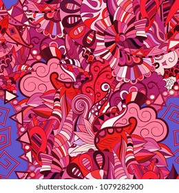 Tracery seamless pattern. Mehndi design. Ethnic colorful doodle texture. Curved doodling background. Vector