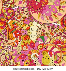 Tracery seamless pattern. Mehndi design. Ethnic colorful doodle texture. Curved doodling background. Vector