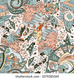 Tracery seamless pattern. Mehndi design. Ethnic colorful doodle texture. Curved doodling background. Vector