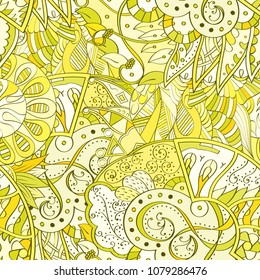 Tracery seamless pattern. Mehndi design. Ethnic colorful doodle texture. Curved doodling background. Vector