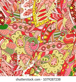 Tracery seamless pattern. Mehndi design. Ethnic colorful doodle texture. Curved doodling background. Vector