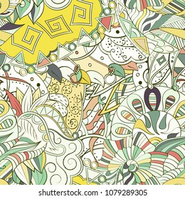 Tracery seamless pattern. Mehndi design. Ethnic colorful doodle texture. Curved doodling background. Vector