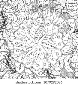 Tracery seamless pattern. Mehndi design. Ethnic monochrome binary doodle texture. Curved doodling black and white background. Vector