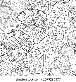 Tracery seamless pattern. Mehndi design. Ethnic monochrome binary doodle texture. Curved doodling black and white background. Vector