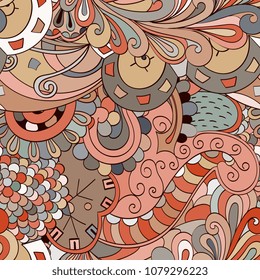 Tracery seamless pattern. Mehndi design. Ethnic colorful doodle texture. Curved doodling background. Vector