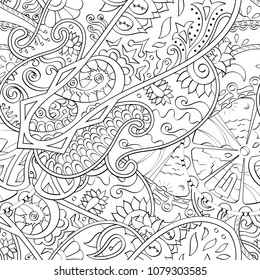 Tracery seamless pattern. Mehndi design. Ethnic monochrome binary doodle texture. Curved doodling black and white background. Vector