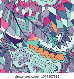 Tracery seamless pattern. Mehndi design. Ethnic colorful doodle texture. Curved doodling background. Vector