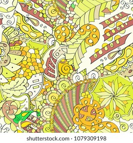 Tracery seamless pattern. Mehndi design. Ethnic colorful doodle texture. Curved doodling background. Vector