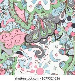 Tracery seamless pattern. Mehndi design. Ethnic colorful doodle texture. Curved doodling background. Vector