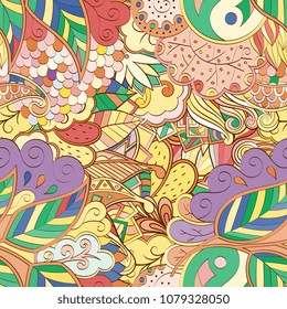 Tracery seamless pattern. Mehndi design. Ethnic colorful doodle texture. Curved doodling background. Vector