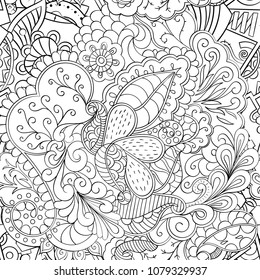 Tracery seamless pattern. Mehndi design. Ethnic monochrome binary doodle texture. Curved doodling black and white background. Vector