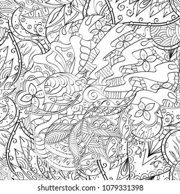 Tracery seamless pattern. Mehndi design. Ethnic monochrome binary doodle texture. Curved doodling black and white background. Vector