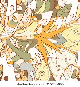 Tracery seamless pattern. Mehndi design. Ethnic colorful doodle texture. Curved doodling background. Vector