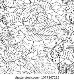 Tracery seamless pattern. Mehndi design. Ethnic monochrome binary doodle texture. Curved doodling black and white background. Vector