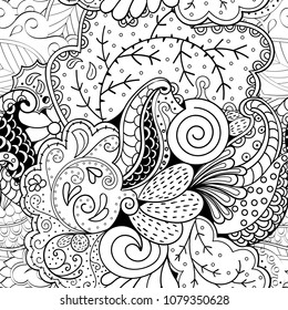 Tracery seamless pattern. Mehndi design. Ethnic monochrome binary doodle texture. Curved doodling black and white background. Vector