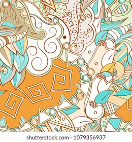 Tracery seamless pattern. Mehndi design. Ethnic colorful doodle texture. Curved doodling background. Vector