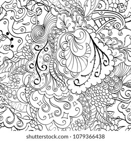 Tracery seamless pattern. Mehndi design. Ethnic monochrome binary doodle texture. Curved doodling black and white background. Vector