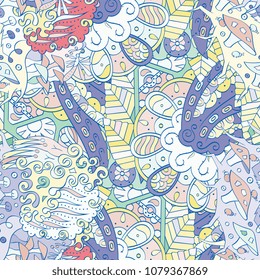 Tracery seamless pattern. Mehndi design. Ethnic colorful doodle texture. Curved doodling background. Vector