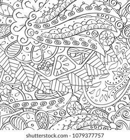 Tracery seamless pattern. Mehndi design. Ethnic monochrome binary doodle texture. Curved doodling black and white background. Vector
