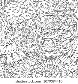 Tracery seamless pattern. Mehndi design. Ethnic monochrome binary doodle texture. Curved doodling black and white background. Vector
