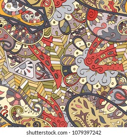 Tracery seamless pattern. Mehndi design. Ethnic colorful doodle texture. Curved doodling background. Vector