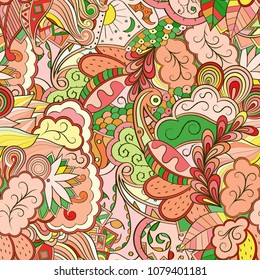Tracery seamless pattern. Mehndi design. Ethnic colorful doodle texture. Curved doodling background. Vector