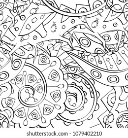 Tracery seamless pattern. Mehndi design. Ethnic monochrome binary doodle texture. Curved doodling black and white background. Vector
