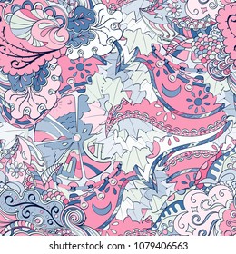 Tracery seamless pattern. Mehndi design. Ethnic colorful doodle texture. Curved doodling background. Vector